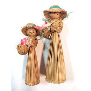 Vintage Female Straw Doll Set With Hat & Flower Basket